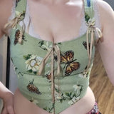 Floral and Butterfly embroidered Lace Up Tank Top