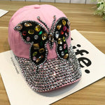 rhinestone pink butterfly cap for women