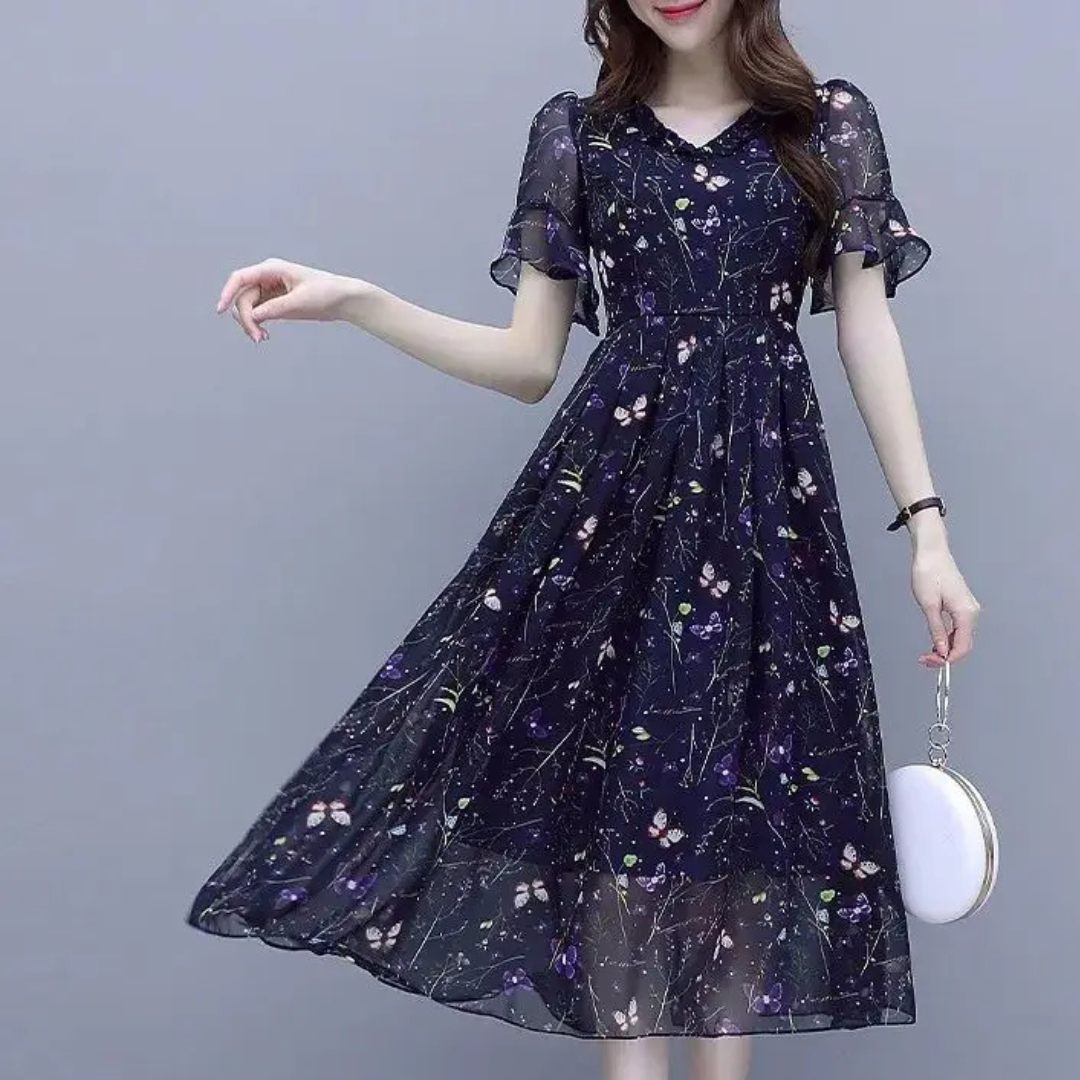 purple dress with butterflies Fitted Butterfly Glitter Print V-Neck Gown by Juliet 294 Delicate butterfly appliqus dance across the silhouette Purple Butterflies & Pearls Tulle