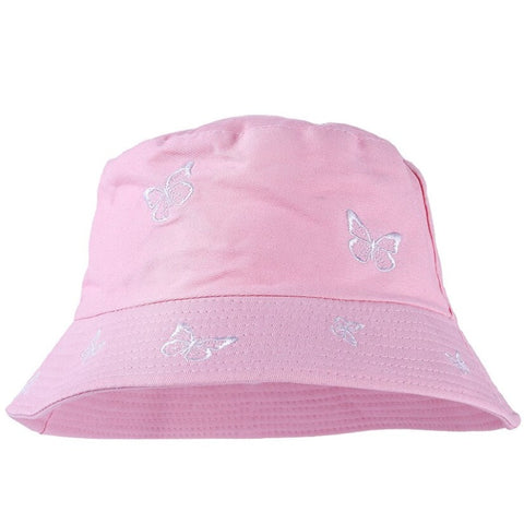 pink embroidered butterfly bucket hat