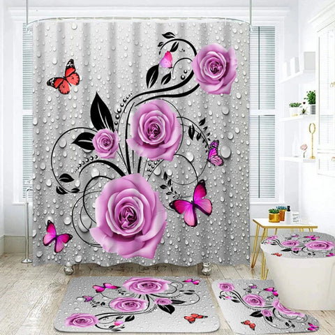 Pink Butterfly Shower Curtain Set