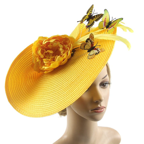 large yellow butterfly fascinator hat