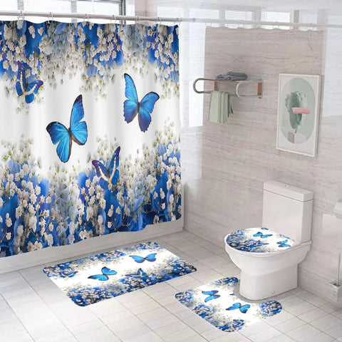 Blue Butterfly Shower Curtain Set