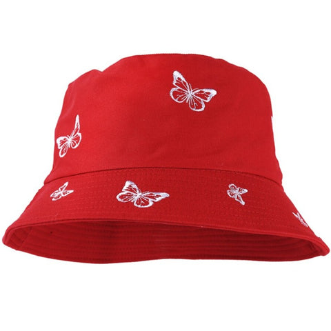 red embroidered butterfly bucket hat