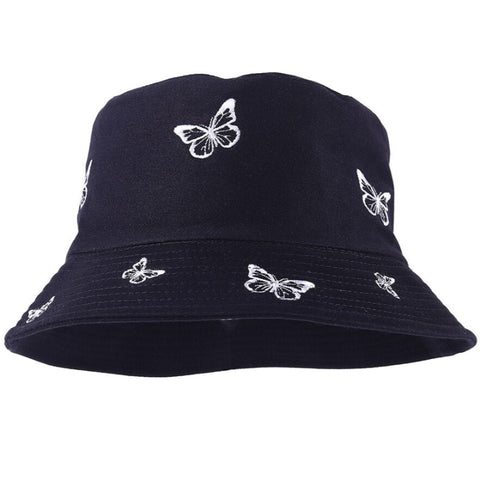 black embroidered butterfly bucket hat