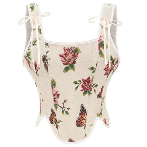 Beige White Butterfly Corset Top