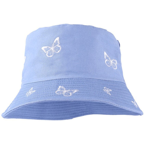 blue embroidered butterfly bucket hat