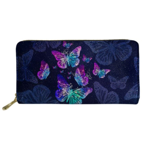abstract purple and green butterfly wallet
