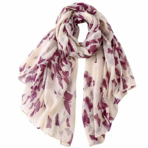 beige and purple butterfly scarf
