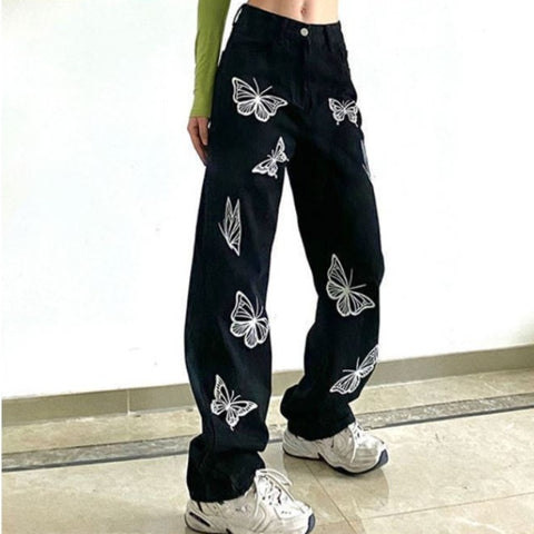 black and white butterfly baggy jeans