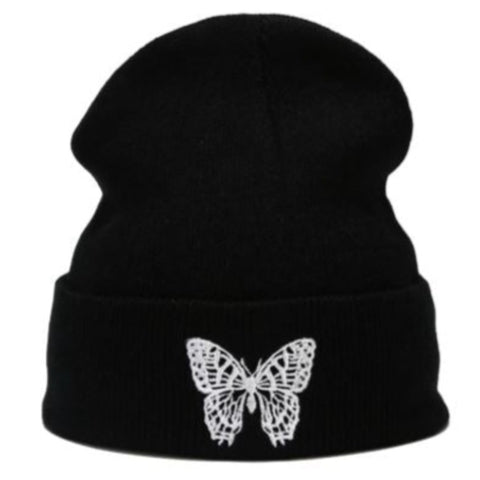 black embroidered butterfly beanie hat