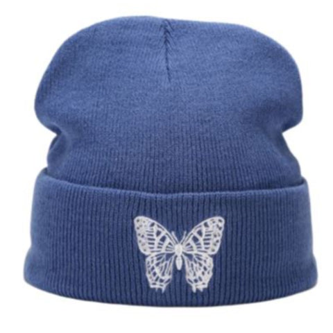 blue embroidered butterfly beanie hat