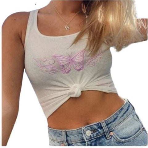 Butterfly-Embroidered Crop Top