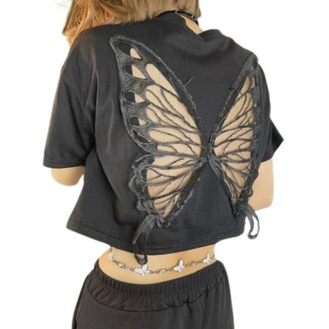 Black Hollow Lace Butterfly Crop Top