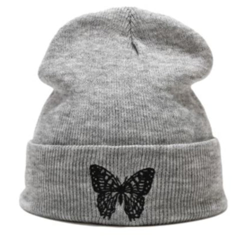 grey embroidered butterfly beanie hat
