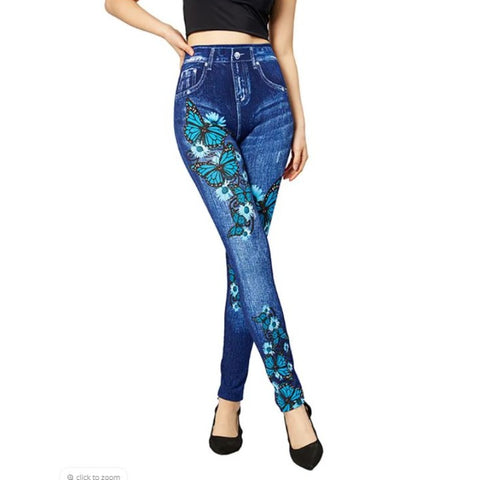 high waisted butterfly blue leggings for ladies