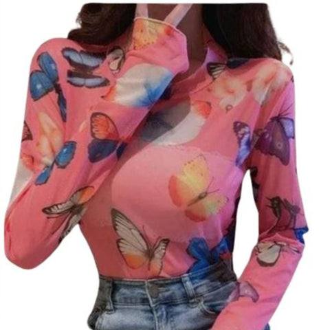 long sleeve Pink Butterfly Mesh Top