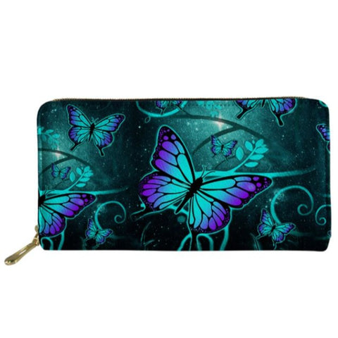 purple and green butterfly wallet