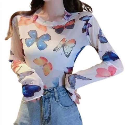 sheer White Butterfly Mesh Top