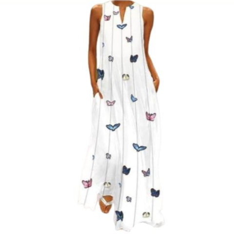 white butterfly sleeveless dress