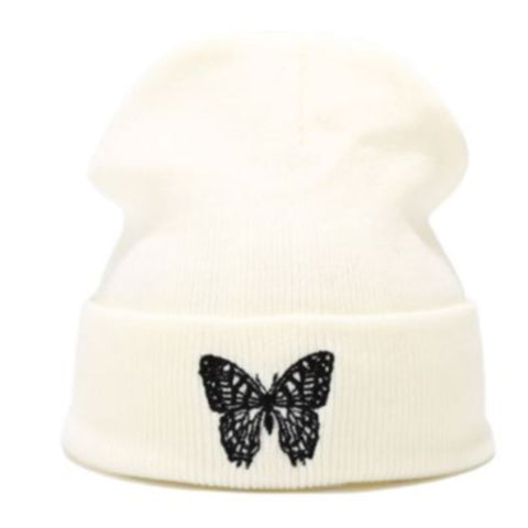 white embroidered butterfly beanie hat