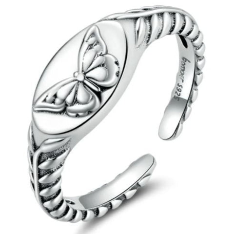 engraved silver butterfly ring