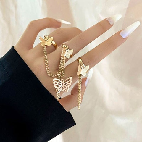 gold butterfly ring with chain