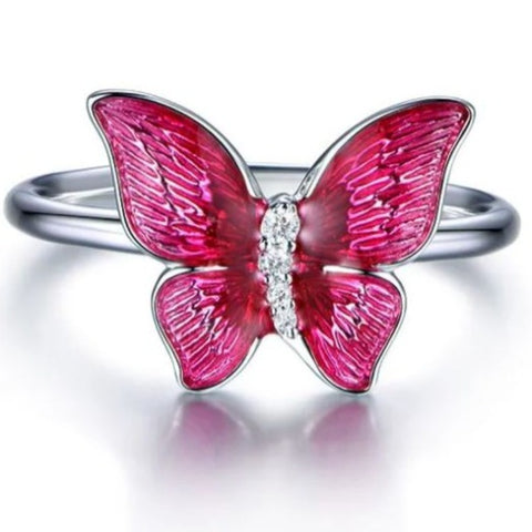 silver and pink butterfly ring