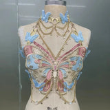 blue Women’s Butterfly Crystal Chain Crop Top