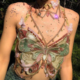 Women’s Butterfly embroidered Crystal Chain Crop Top