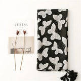classic Black Butterfly Print Tassel Scarf
