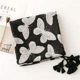 boho Black Butterfly Print Tassel Scarf
