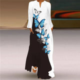 BLUE MORPHO long butterfly v neck dress