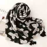 Black Butterfly Print Tassel Scarf for women