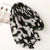fashion Black Butterfly Print Tassel Scarf