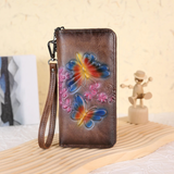 Long brown Wallet with Blue Cuban Crescent Butterflies