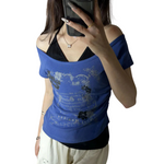two piece Navy Blue Floral Butterfly T-Shirt