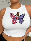 white round neck Women’s Plus Size Butterfly Fairy Print Tank Top