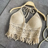 beige Butterfly Embroidered Fringe Halter Tank Top