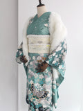 TRADITIONAL Green Butterfly Print Furisode Kimono for Women
