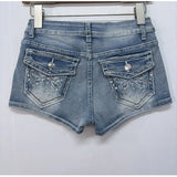 WHIMSICAL LIGHT BLUE Women's Y2K Low Rise Denim Shorts with Rhinestone Butterfly Embroidery