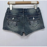 BLUE Women's Y2K Low Rise Denim Shorts with Rhinestone Butterfly Embroidery