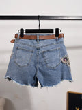CUTE High Waist Denim Shorts with Beaded Blue Butterfly Embroidery