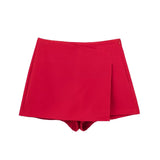 red High Waist Skort with Asymmetrical Wrap & Side Zipper by Butterfly Kingdom