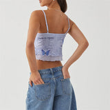 sexy blue Y2K Tie Dye Butterfly Print Spaghetti Strap Tank Top