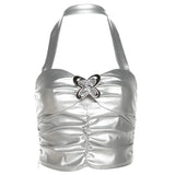 trendy Women’s Silver Faux Leather Butterfly Buckle Halter Crop Top
