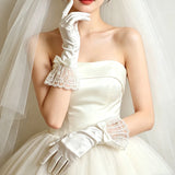 classical Women's White Satin Wedding Gloves with Vintage Lace & Butterfly
