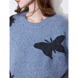 ROUND NECK BLUE Jacquard Butterfly Knit Sweater