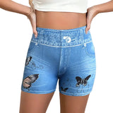 whimsical High Waist Booty Lifting Denim Print Leggings with Butterfly Pattern