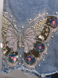 BOHO High Waist Denim Shorts with Beaded Blue Butterfly Embroidery